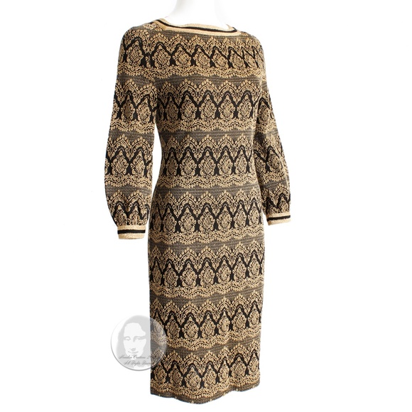 Vintage Dress Knit Bobette Imports France Black Gold Lurex Tricot Long Sleeve 10 - Picture 4 of 9